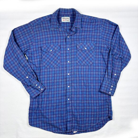 VTG MWG Western Craft Canada Purple Plaid Pearl Snap Flannel Shirt Mens LT - Picture 1 of 7